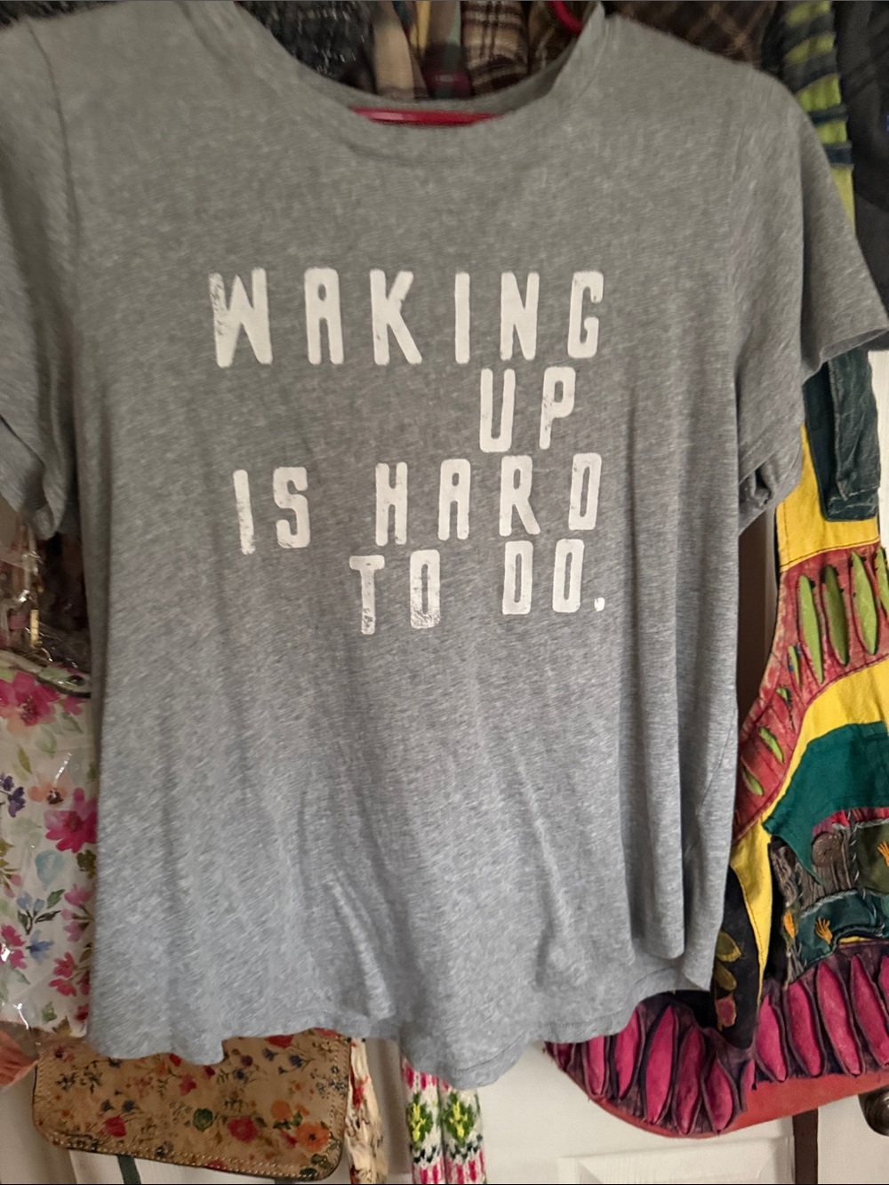 Like new Women'/teens Gray Graphic Tee - "Waking Up Is Hard To Do." By Old Navy